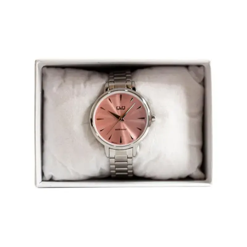 Q&Q Pink Dial Silver Quartz Ladies Watch- Q56A-001PY